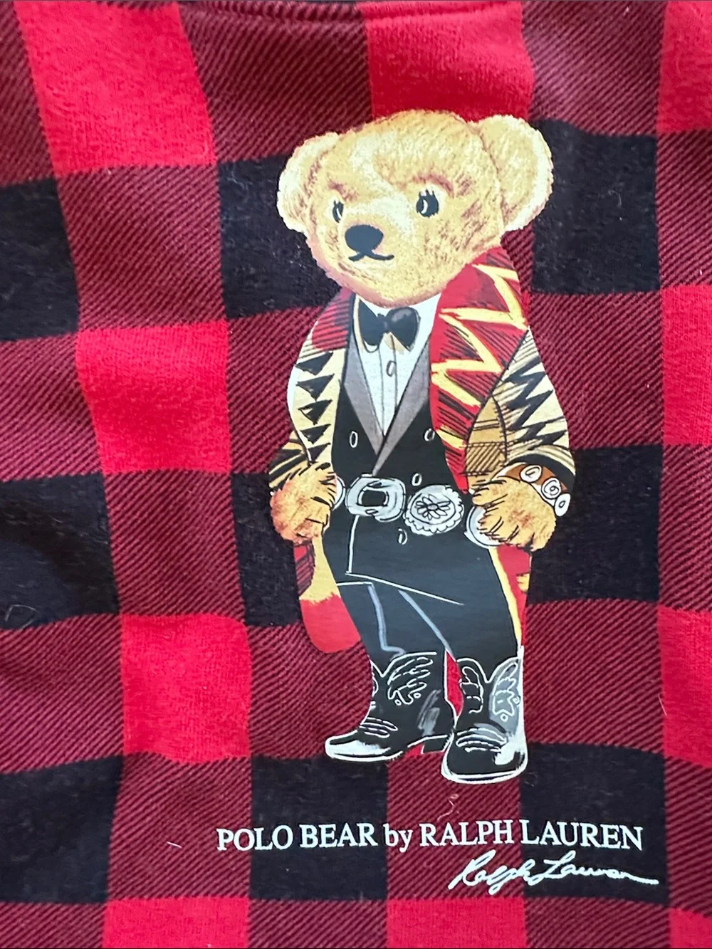 Ralph Lauren Red and Black Buffalo Plaid Polo Bear Graphic Top